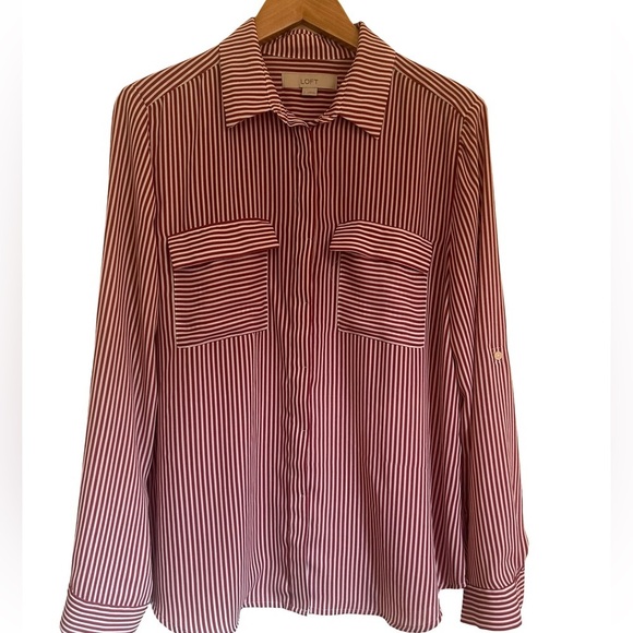 LOFT Women’s Stripped Dress Shirt Maroon and White Size L - Picture 2 of 10